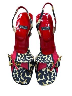 NWT Stuart Weitzman Red Patent & Leopard Print Slingback Heels size 5